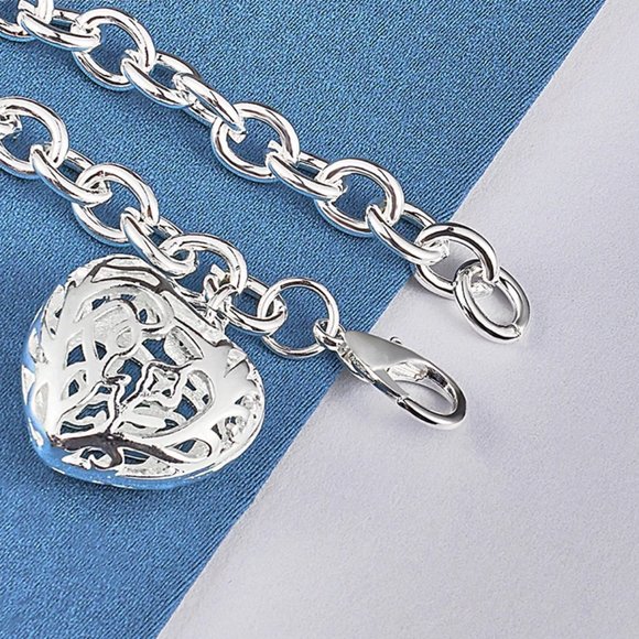Hollowed & Carved Heart Pendant Bracelet Stamped .925 Solid Sterling Silver - Picture 4 of 6